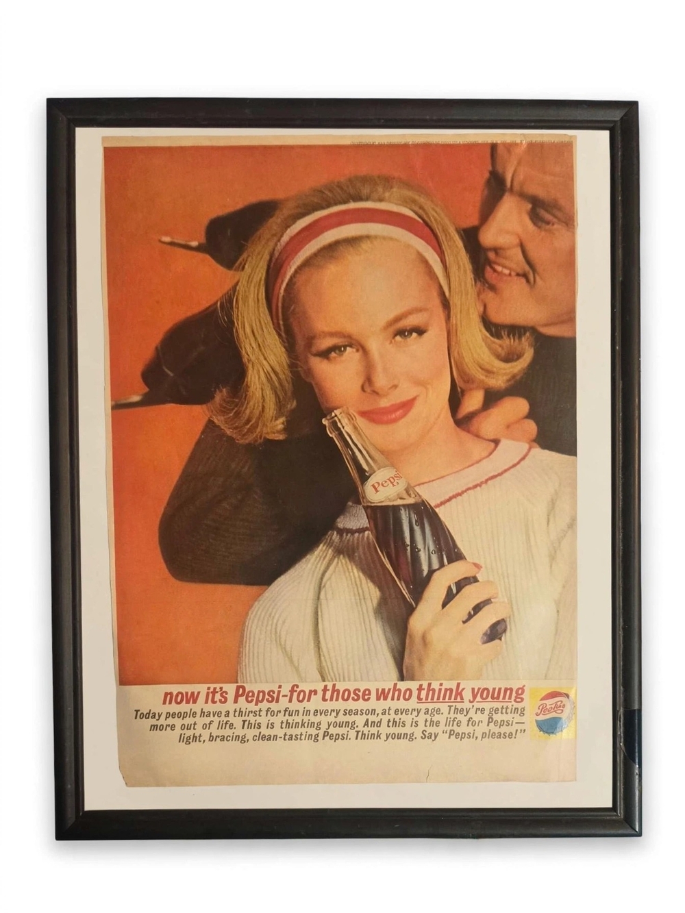 Vintage 1960s Pepsi "Think Young" Framed Advertisement Ad 14"×17"